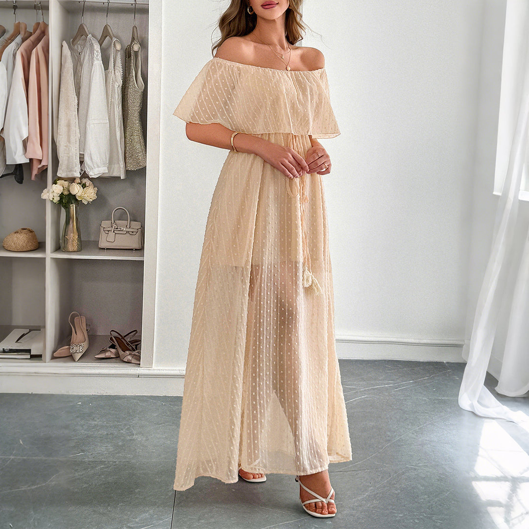 Damen Off-Shoulder Maxikleid mit feinem Punktedesign und Taillenbindung EB