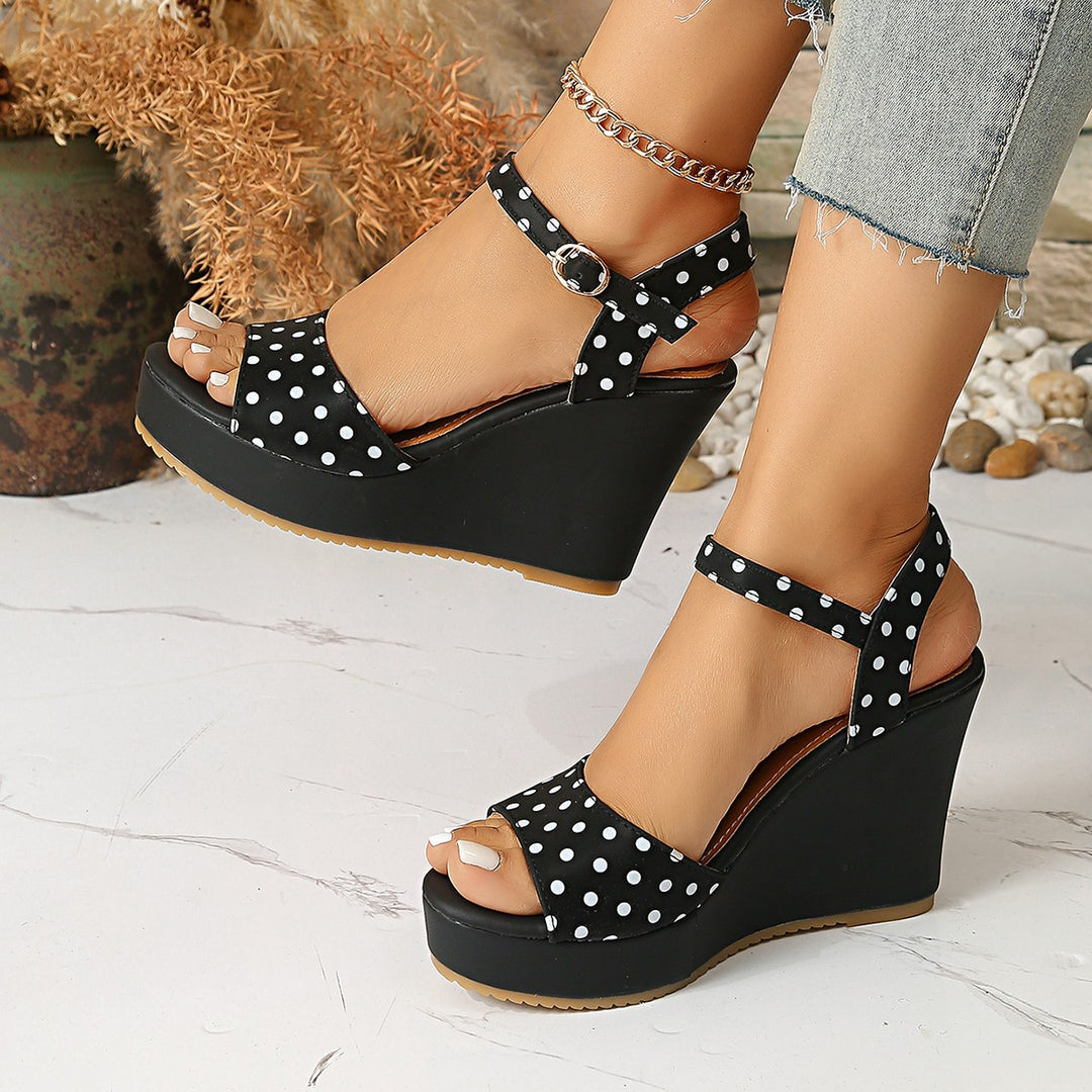 Damen Modische Wedge-Sandalen mit Punkte-Design und verstellbarem Riemen EB