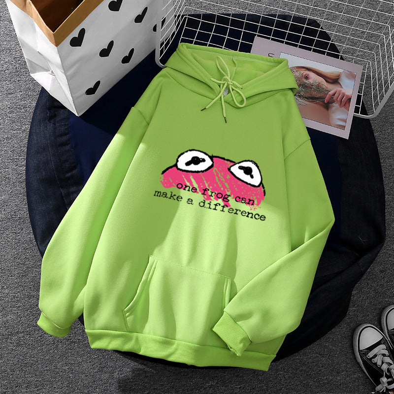 Damen nan relaxed-fit Kapuzenpullover mit gestempelter Froschgrafik, Kängurutasche und Kordelzug EB