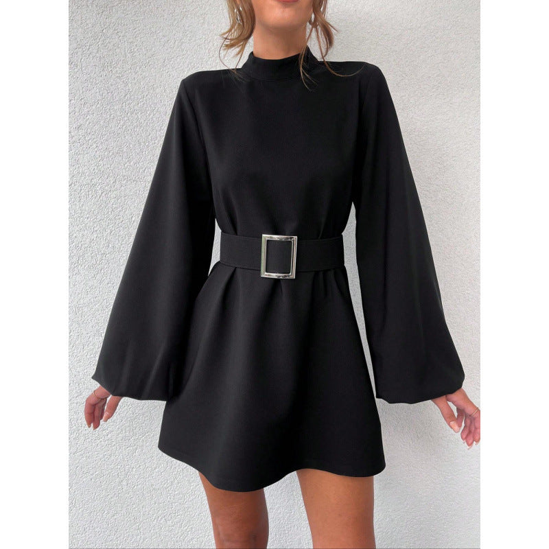 Damen elegante Minikleidung mit Gürtel und langen Ärmeln EB