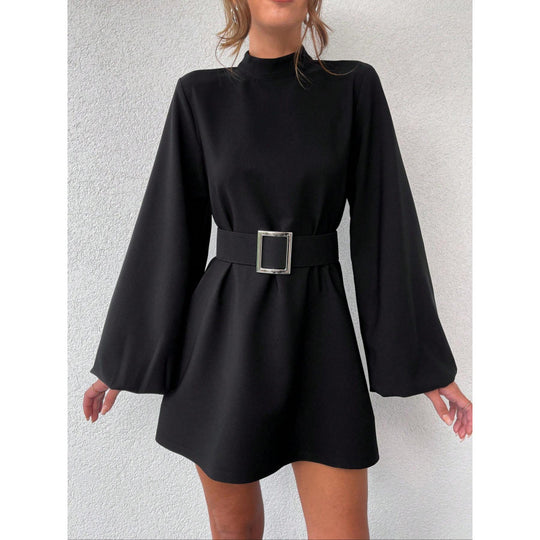Damen elegante Minikleidung mit Gürtel und langen Ärmeln EB