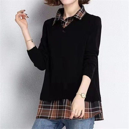Damen Layered Strickpullover mit V-Ausschnitt und trendy Hemdbluse EB