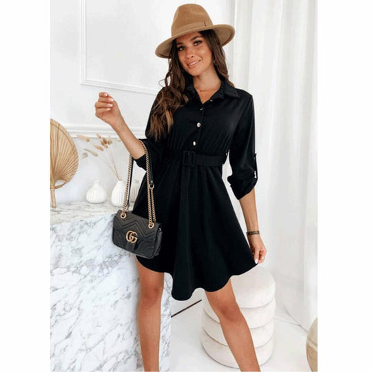 Damen Knielanges Hemdblusenkleid mit Taillengürtel und eleganten Details EB