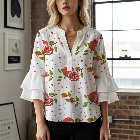 Damen Bluse mit voluminösen Rüschenärmeln und modernem Motiv EB