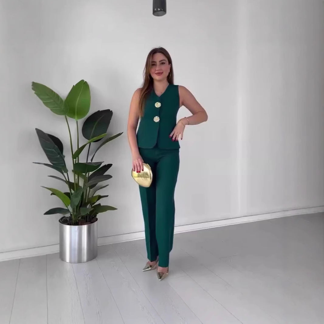 Damen Ärmelloses Tailoring-Set mit taillierter Weste, Zierknöpfen und weiter Palazzo-Hose EB
