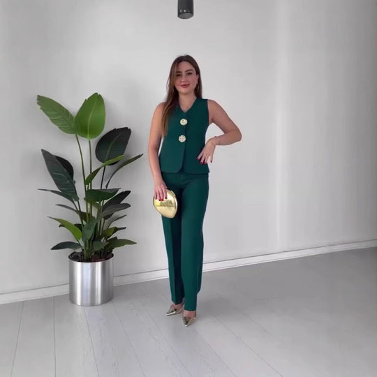 Damen Ärmelloses Tailoring-Set mit taillierter Weste, Zierknöpfen und weiter Palazzo-Hose EB