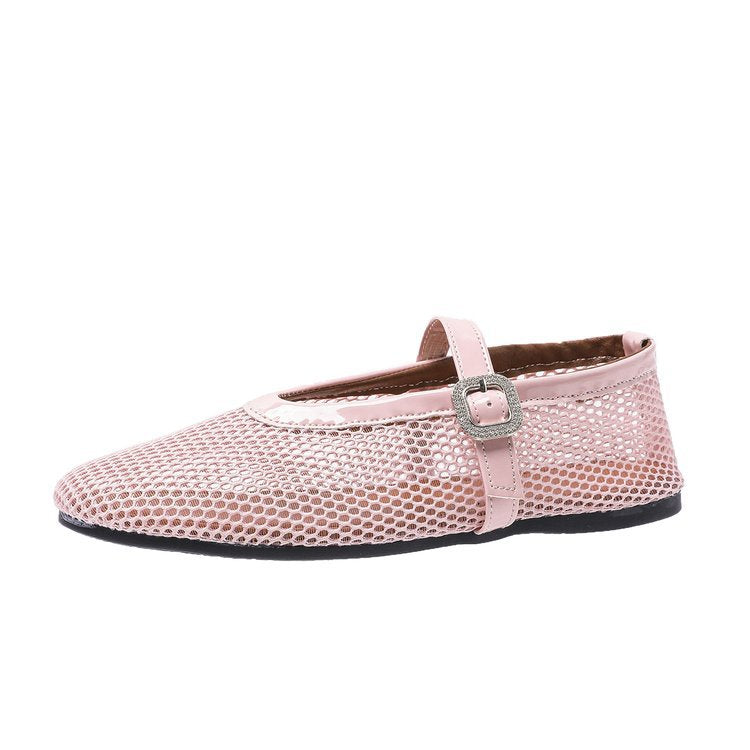 Damen atmungsaktive Ballerinas mit modischem Lochmuster und komfortablem Riemen EB