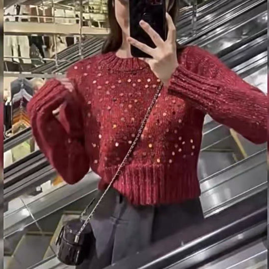 Damen Glitzernder Strickpullover mit Struktur und weitem Schnitt EB