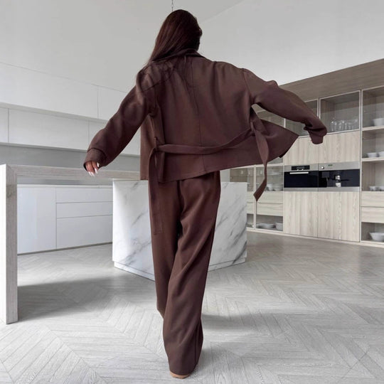 Damen Zweiteiliges Loungewear-Set mit tailliertem Blouson, Bindegürtel und weiter Palazzo-Hose EB
