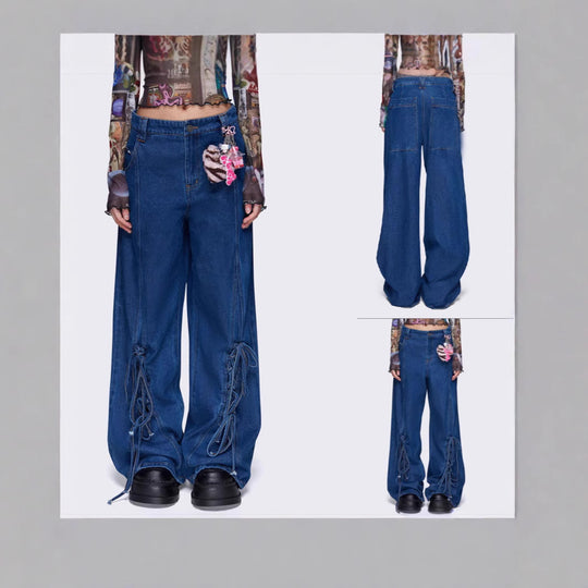 Damen Weit geschnittene Denim-Hose mit verstellbaren Kordeln EB