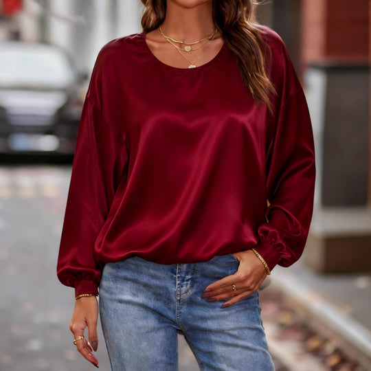 Damen Glänzende Satin-Bluse mit Rundhalsausschnitt und Ballonärmeln EB