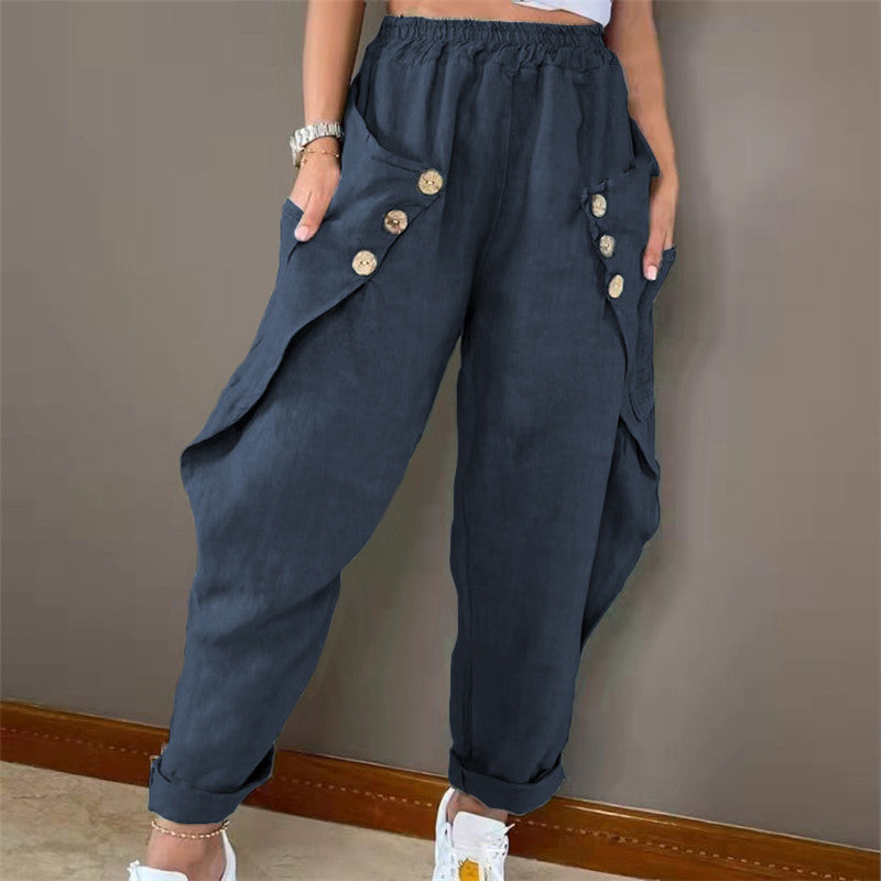 Damen lässige Sommerhose mit Knopfdetails und praktischen Seitentaschen EB