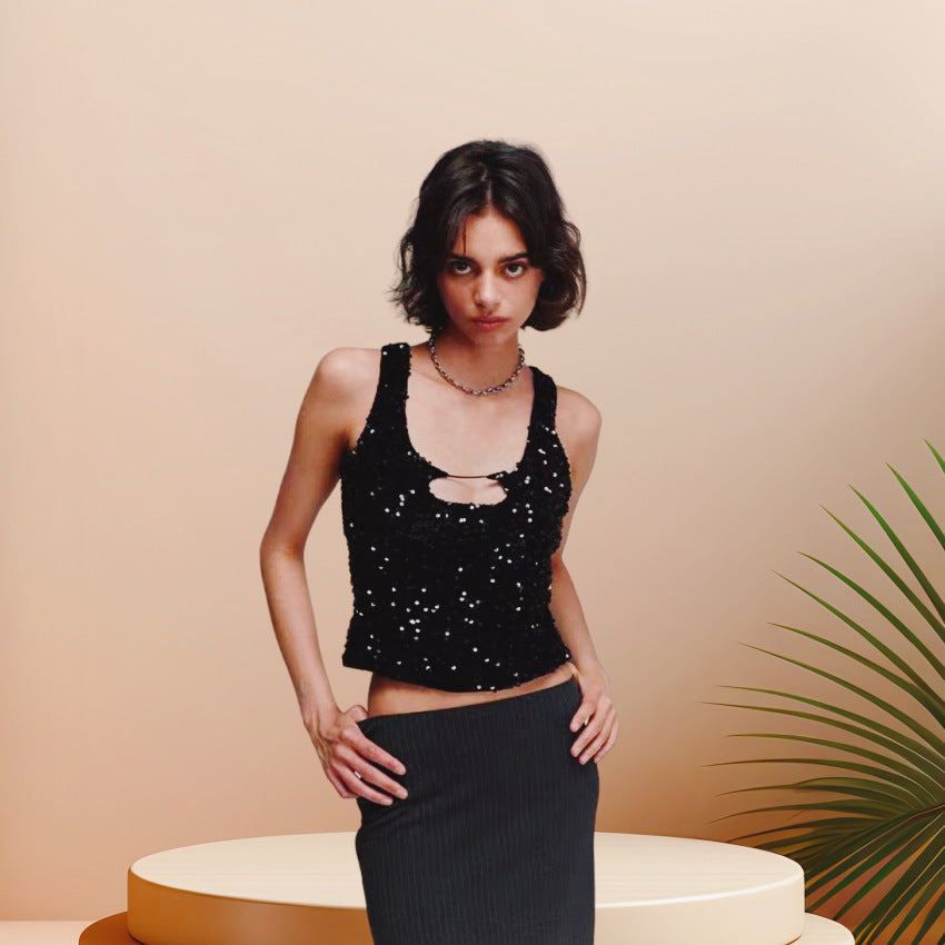 Damen Glitzerndes Crop-Top mit schimmerndem Effekt und scoop-cut Ausschnitt EB