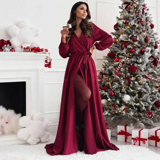 Damen elegantes Maxikleid mit schlanker Silhouette und tailliertem Gürtel EB
