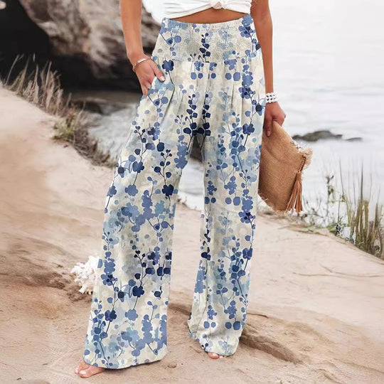 Damen Weit geschnittene Strandhose mit floralem Motiven und elastischem Bund EB