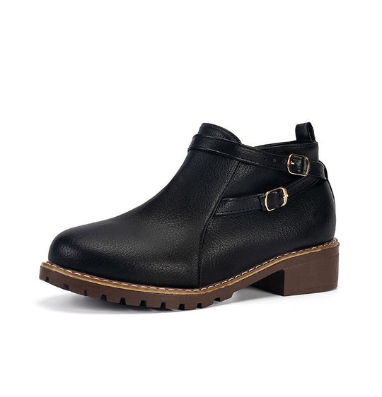 Damen nan Stiefelette mit doppelten Zierriemen, profilierter Traktorsohle und niedrigem Blockabsatz EB