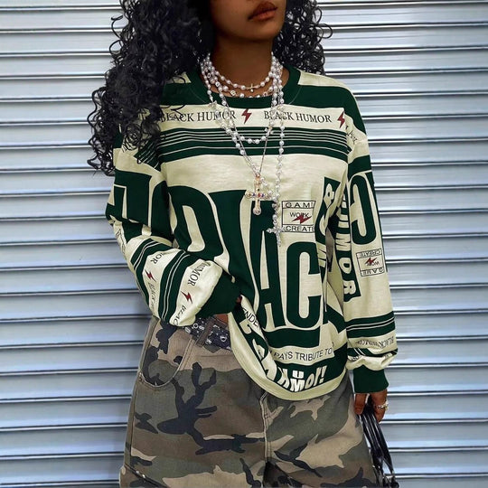 Damen Oversize‑Longsleeve Sweatshirt mit Allover‑Grafik, Rundhalsausschnitt und gerippten Bündchen EB