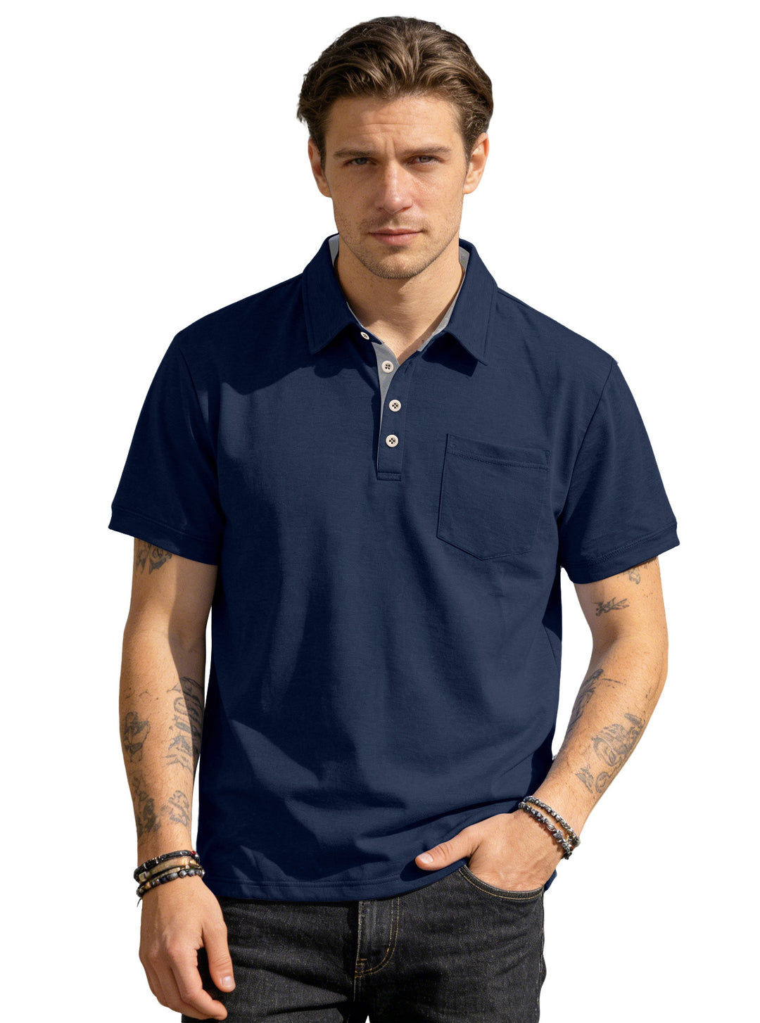 Herren nan Kurzarm-Polokragen-Shirt aus texturiertem Jersey mit Brusttasche und kontrastierter Knopfleiste EB
