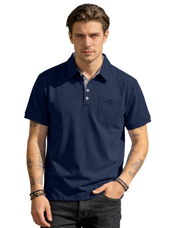 Herren nan Kurzarm-Polokragen-Shirt aus texturiertem Jersey mit Brusttasche und kontrastierter Knopfleiste EB