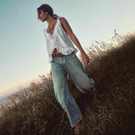 Damen luftiger Leinen-Crop-Top mit Rüschen EB