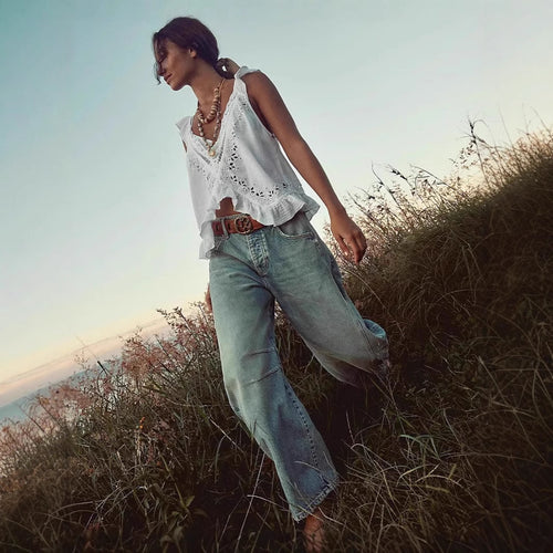 Damen luftiger Leinen-Crop-Top mit Rüschen EB
