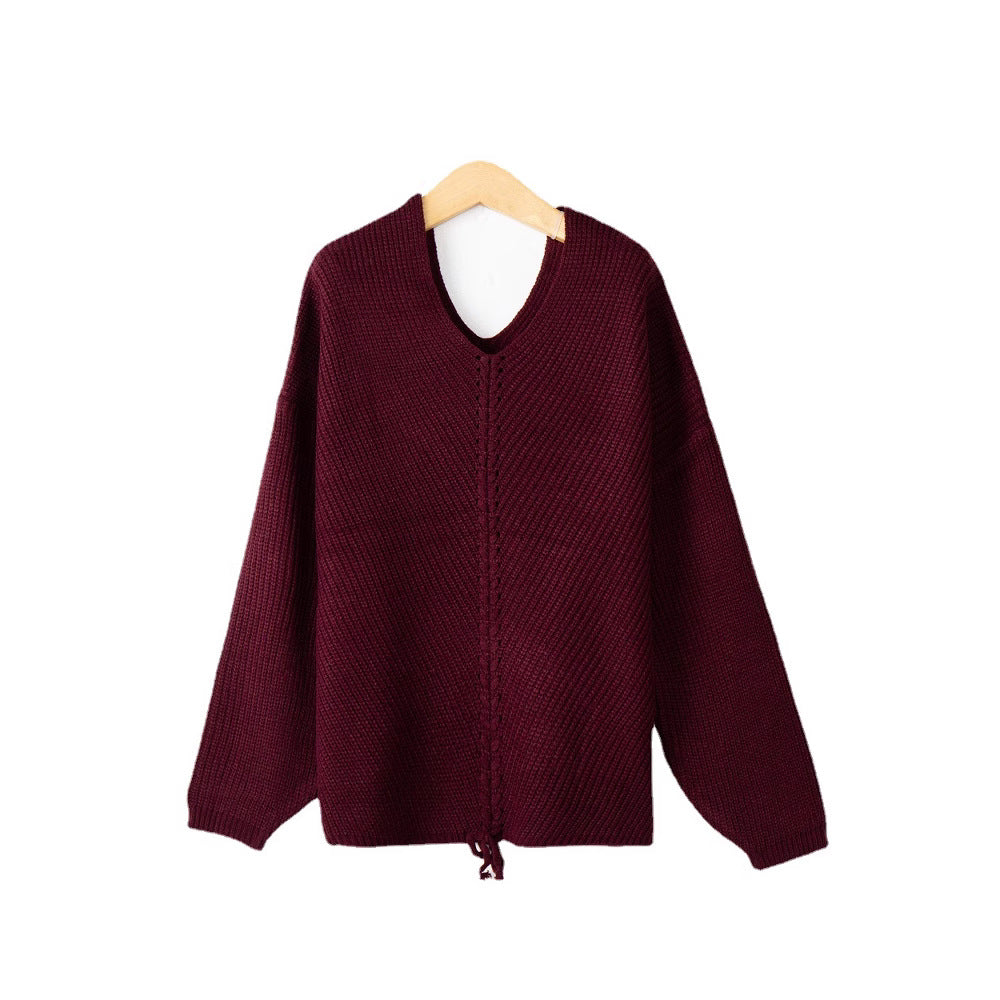 Damen Grobstrick Pullover mit attraktivem V-Ausschnitt und praktischen Kordeldetails EB