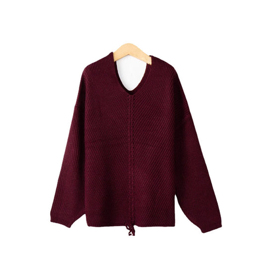 Damen Grobstrick Pullover mit attraktivem V-Ausschnitt und praktischen Kordeldetails EB