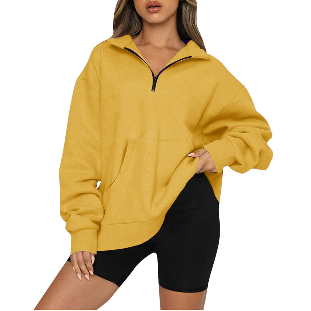 Damen nan Oversize-Halbzip-Kapuzenpullover mit Kängurutasche und verlängertem Saum EB