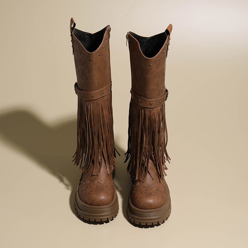 Damen Overknee-Stiefel mit modischem Fransen-Design und robustem Profil EB