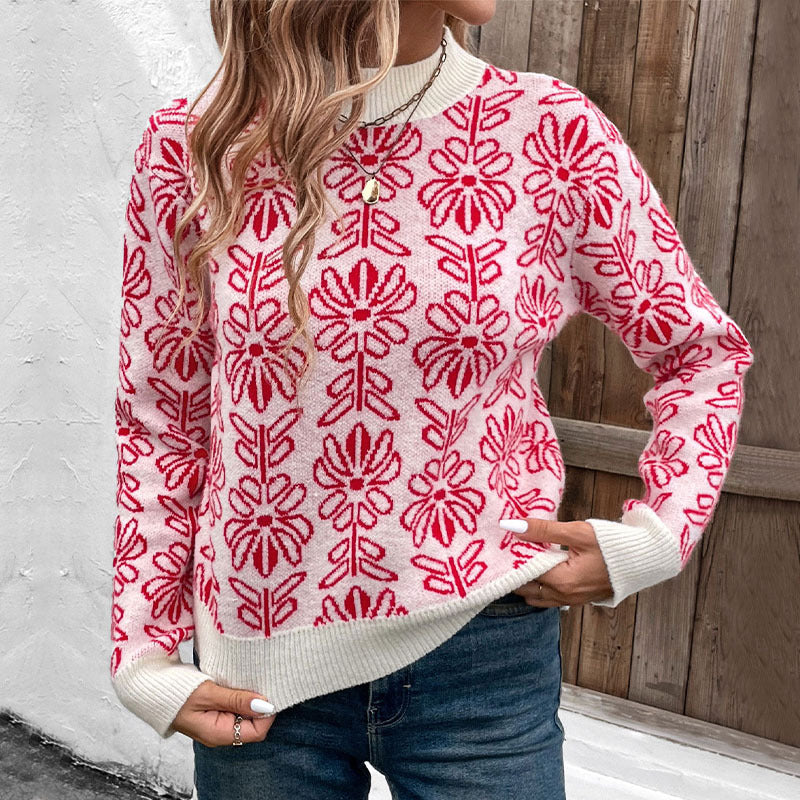 Damen Strickpullover mit floralen Mustern und elegantem Stehkragen EB