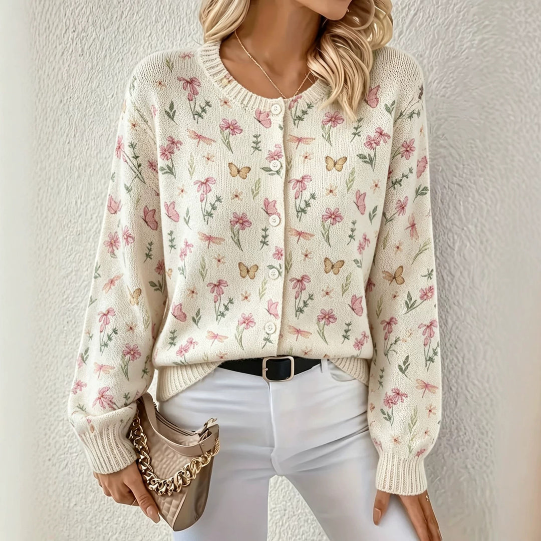Damen Leichter Jacquard‑Strickcardigan mit Leo‑Print, Rundhalsausschnitt und Knopfleiste EB