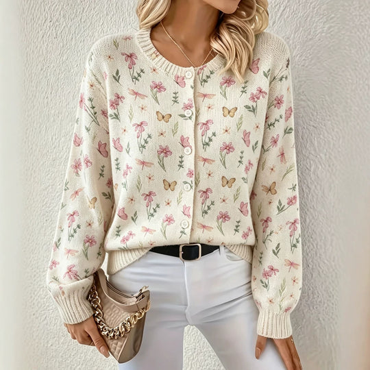 Damen Leichter Jacquard‑Strickcardigan mit Leo‑Print, Rundhalsausschnitt und Knopfleiste EB