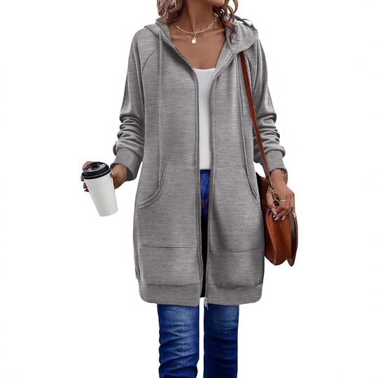 Damen Lange Kapuzenjacke mit Reißverschluss und praktischen Taschen EB
