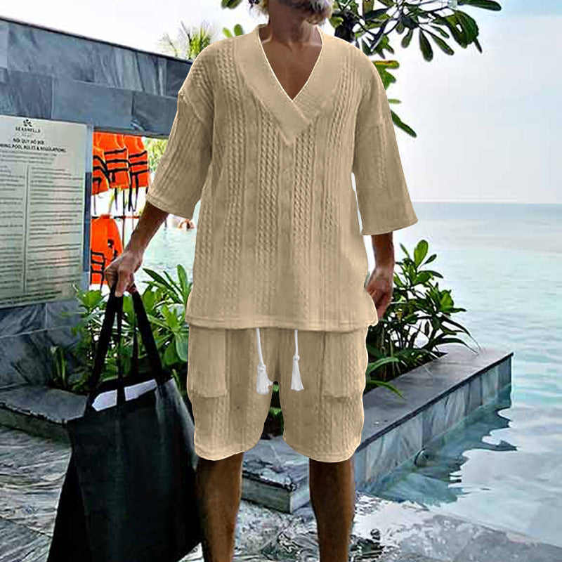 Herren nan lässiges Strick-Set mit V-Ausschnitt, Kurzarm-Oversize und Kordelshorts EB
