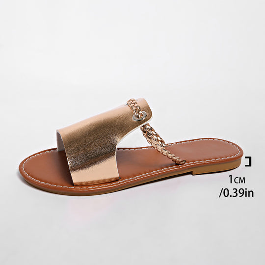 Damen Flache Sandalen mit geflochtenem Riemen und glänzender Oberfläche EB