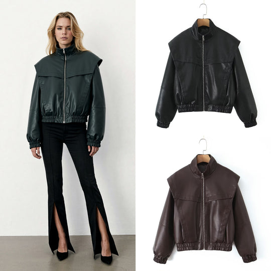 Damen elegante Kunstlederjacke mit hohem Kragen EB