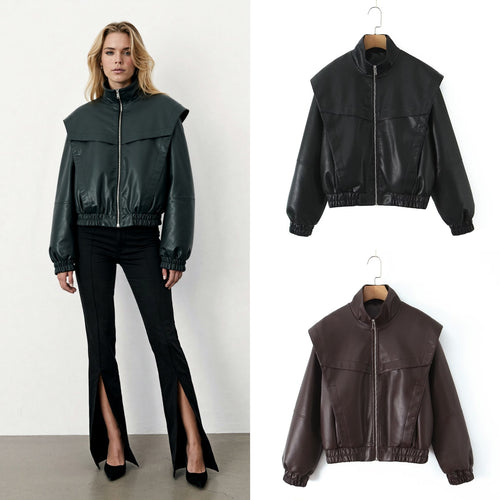 Damen elegante Kunstlederjacke mit hohem Kragen EB