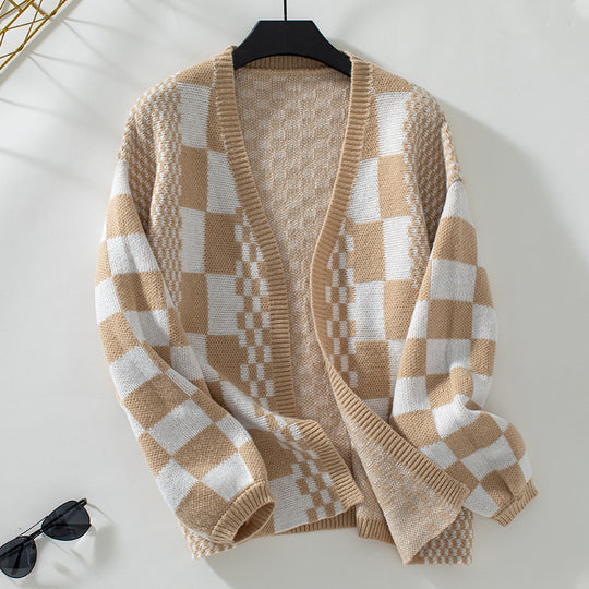 Damen lässige Strickjacke im modischen Karomuster EB