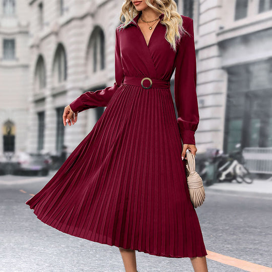 Damen Plissiertes Midikleid mit eleganter Wickeloptik und Taillengürtel EB