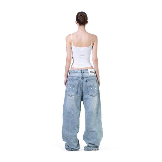 Damen weite Denim-Jeans mit stilvollem Stickdesign EB