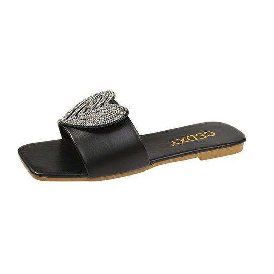 Damen elegante Slipper mit Herz-Applikation und funkelnden Strasssteinen EB