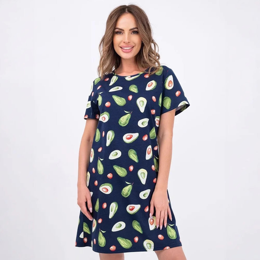 Damen lässiges Blumen-Minikleid aus atmungsaktiver Baumwolle mit Rundhalsausschnitt EB