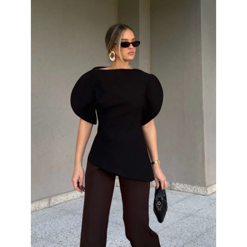 Damen Bluse mit voluminösen Puffärmeln und asymmetrischem Saum EB