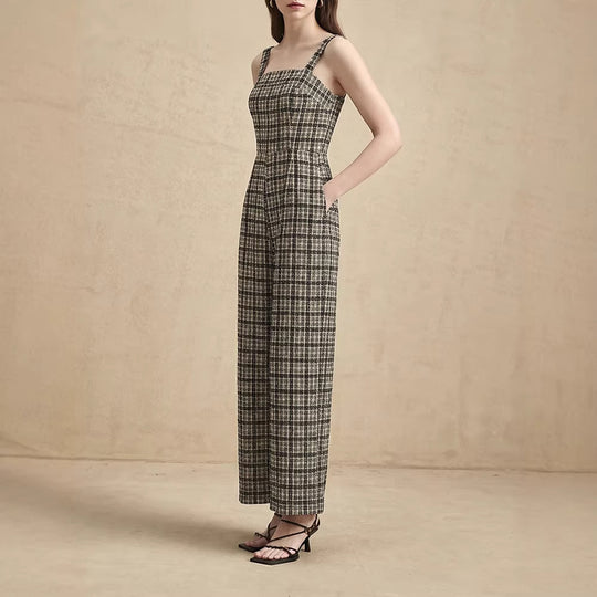 Damen Jumpsuit mit weiten Hosenbeinen und feinem Karomuster EB