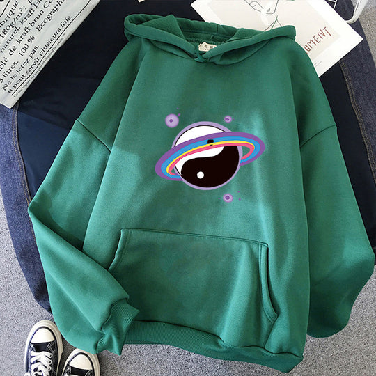 Damen nan Oversized Kapuzenpullover aus Baumwollmischung mit Planeten-Yin‑Yang-Grafik und Kängurutasche EB