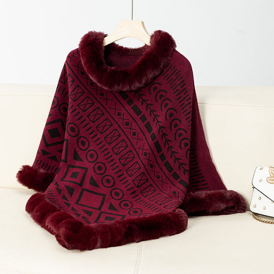 Damen modischer Poncho mit dekorativem Kunstfellkragen EB