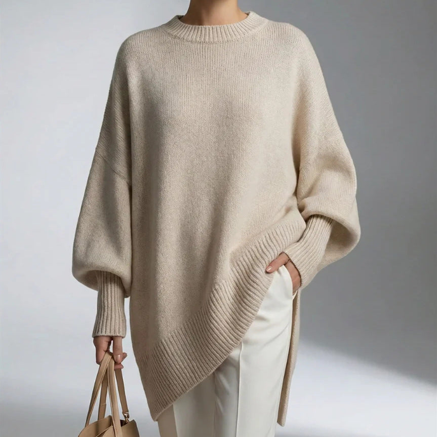 Damen Oversize Longline Feinstrick-Pullover mit Raglanärmeln und geripptem Saum EB