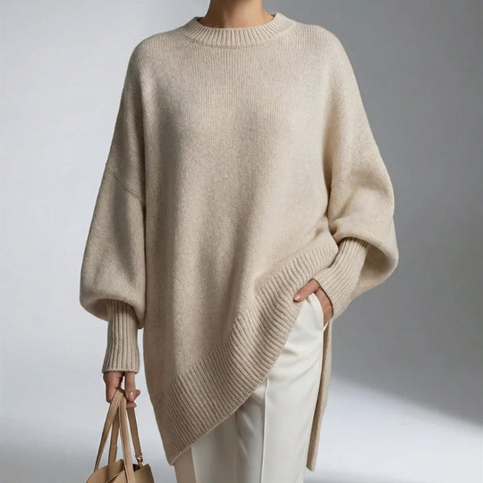 Damen Oversize Longline Feinstrick-Pullover mit Raglanärmeln und geripptem Saum EB
