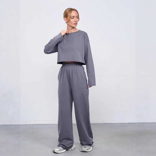 Damen Kurzgeschnittenes Sweatshirt und High-Waist Relax-Jogginghose Set EB