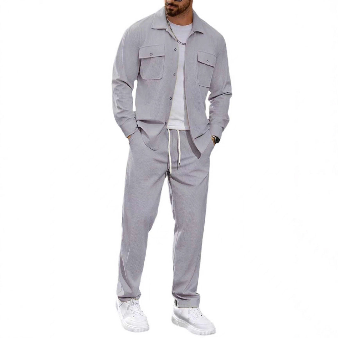 Herren nan lässiger Zweiteiler Hemdjacke mit aufgesetzten Brusttaschen und Kordelzughose EB
